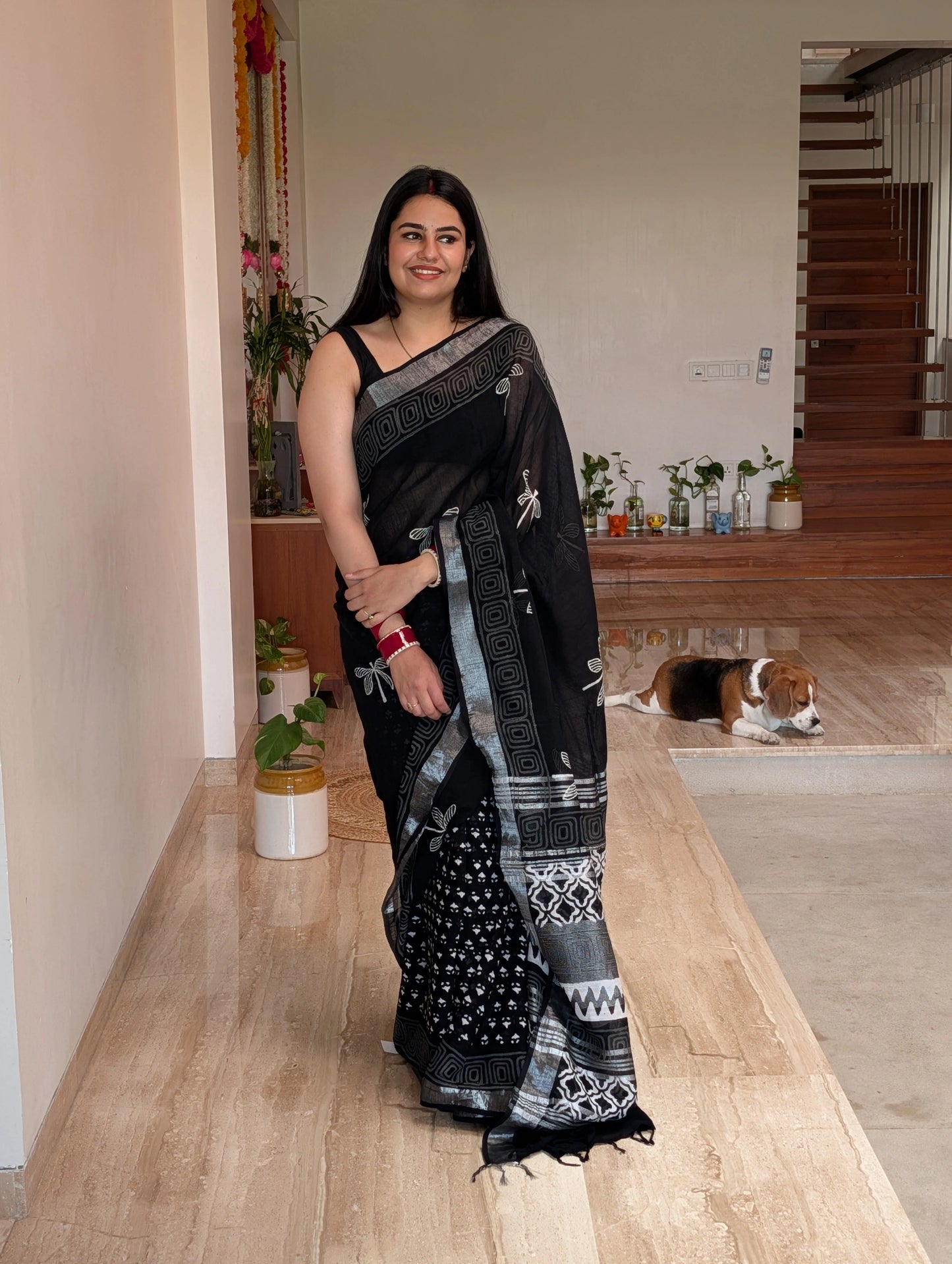 Black Printed Linen Saree