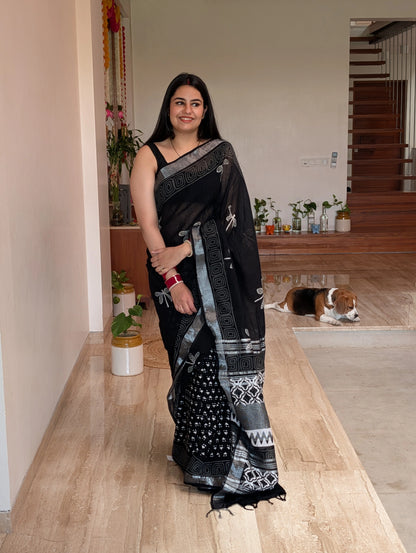 Black Printed Linen Saree