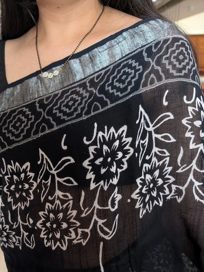 Black Printed Linen Saree