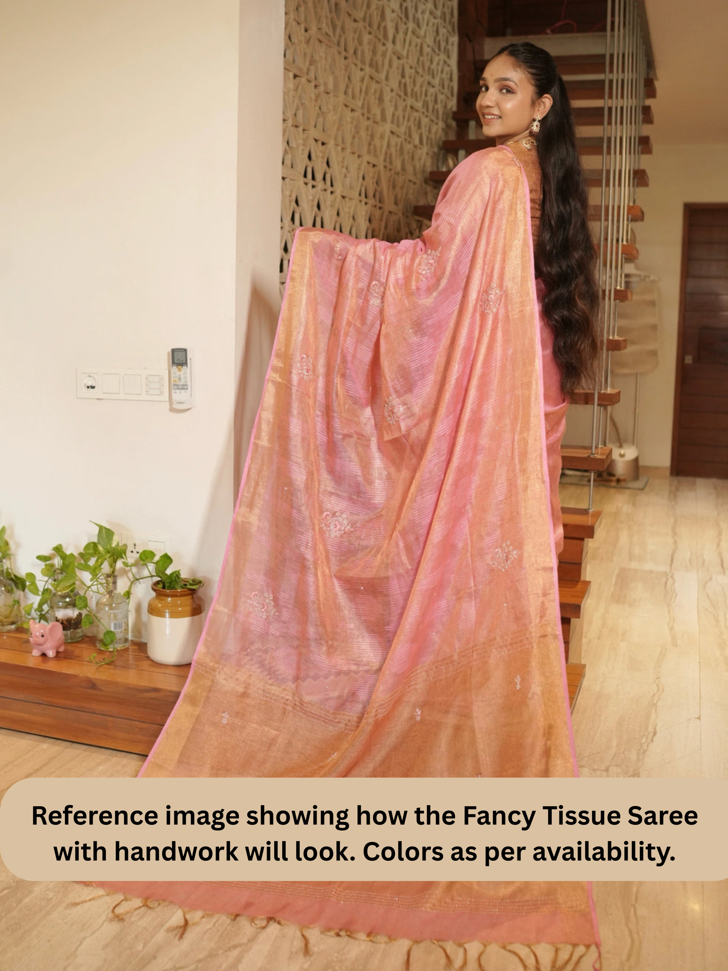 Orange Fancy Linen Tissue Saree with Handwork