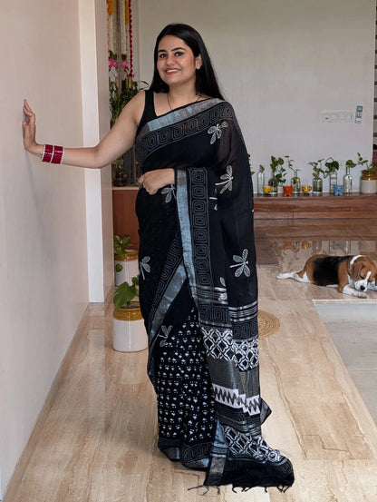 Black Printed Linen Saree