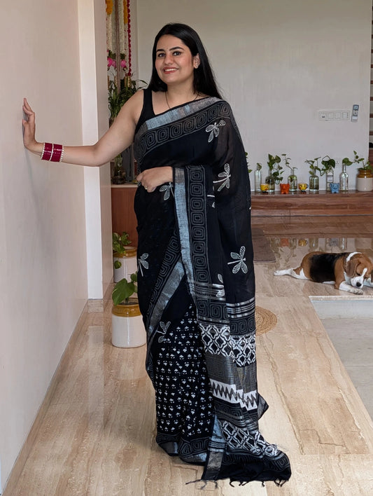 Black Printed Linen Saree