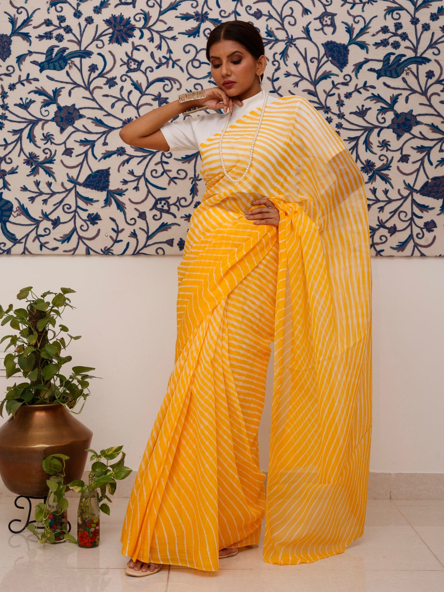 Yellow Leheriya Pure Georgette Saree