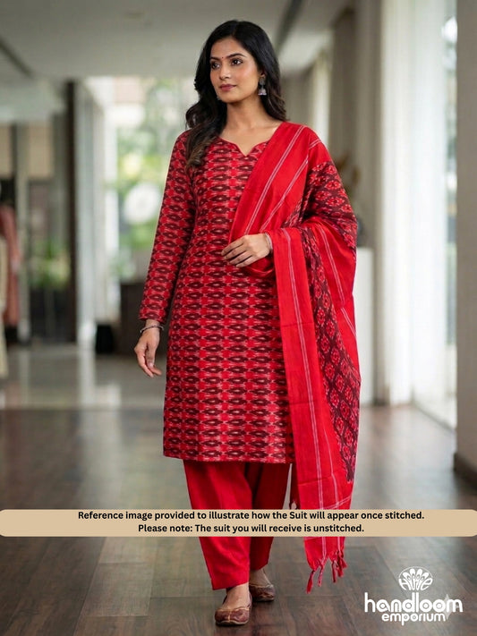 Red Ikkat Cotton Unstitched 3-Piece Suit