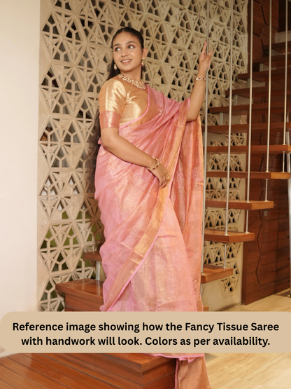 Orange Fancy Linen Tissue Saree with Handwork