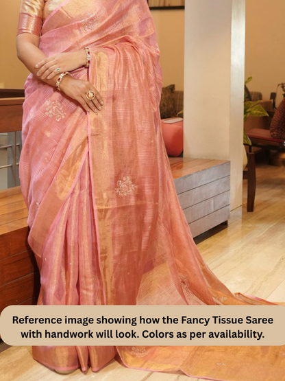 Orange Fancy Linen Tissue Saree with Handwork