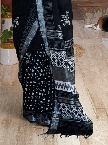 Black Printed Linen Saree