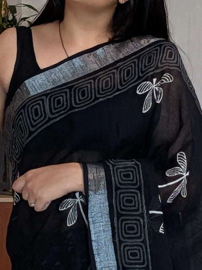 Black Printed Linen Saree