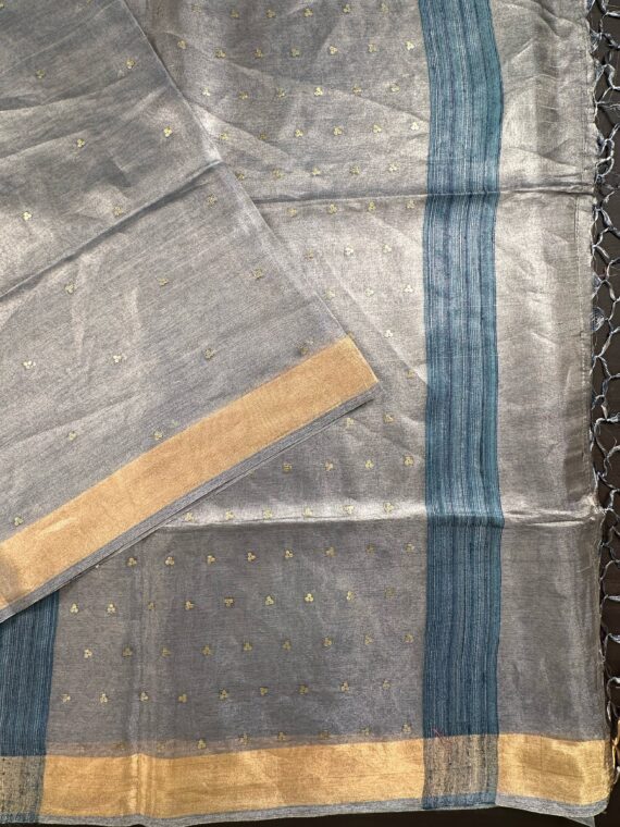 Gray and Navy Pure Tissue Silk Saree