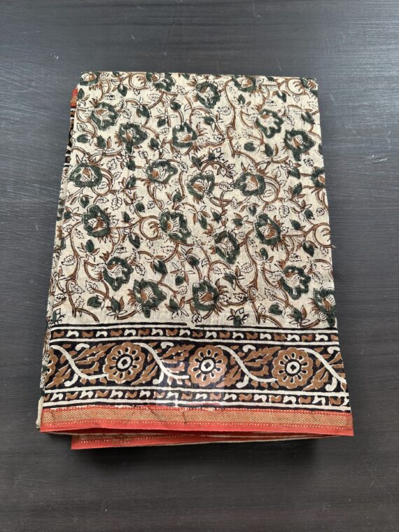 Beige Red Green Floral Rajasthani Print Pure Cotton Chanderi Saree