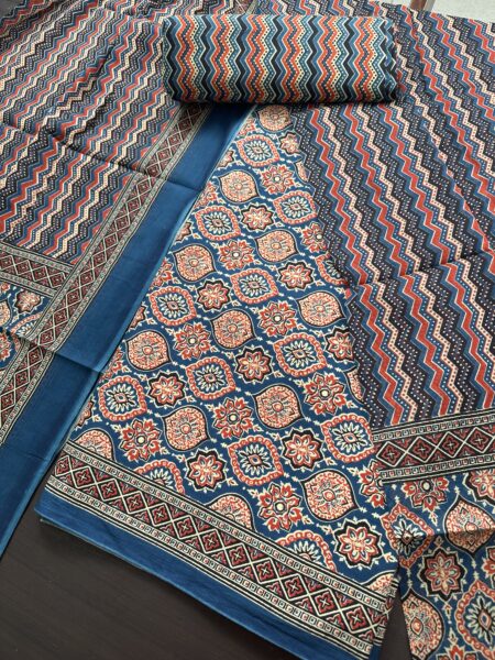 Blue Ajrakh Print Jaipuri Cotton 3 Piece Unstitched Suit with Cotton Dupatta