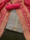Mauve and Rani Pink Chanderi Unstitched 3-Piece Suit with Banarasi Dupatta