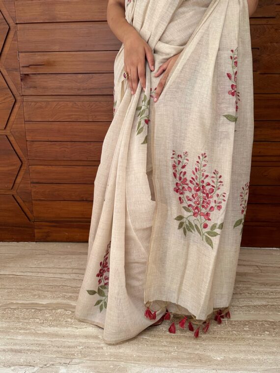 Beige and Red Floral Fancy Cotton Saree