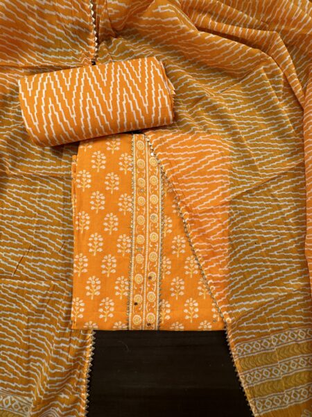 Yellow Cotton 3 Piece Unstitched Suit with Cotton Dupatta