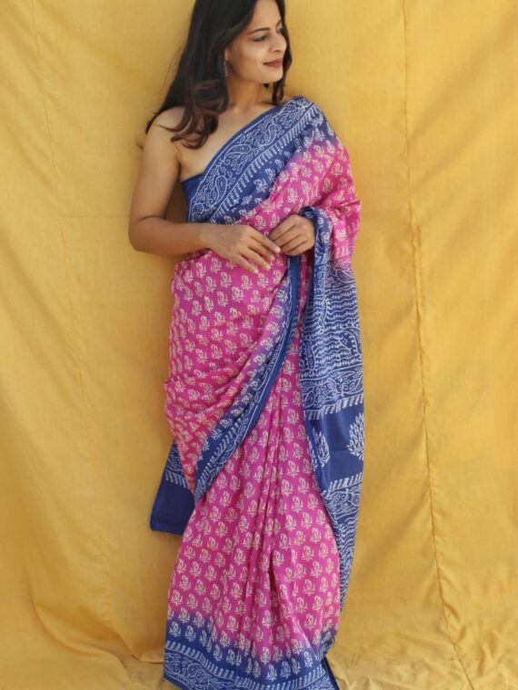Pink and Blue Sanganeri Hand Block Print Pure Jaipuri Cotton Saree