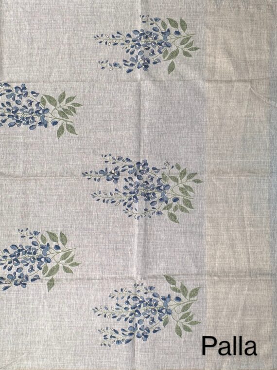 Beige and Blue Floral Fancy Cotton Saree