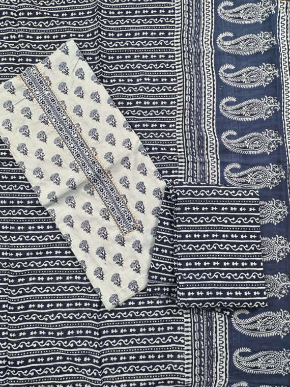 Grey and Indigo Blue Cotton 3 Piece Unstitched Suit with Cotton Dupatta