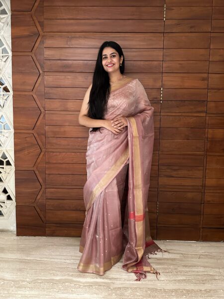 Coral and Pink Pure Tissue Silk Saree
