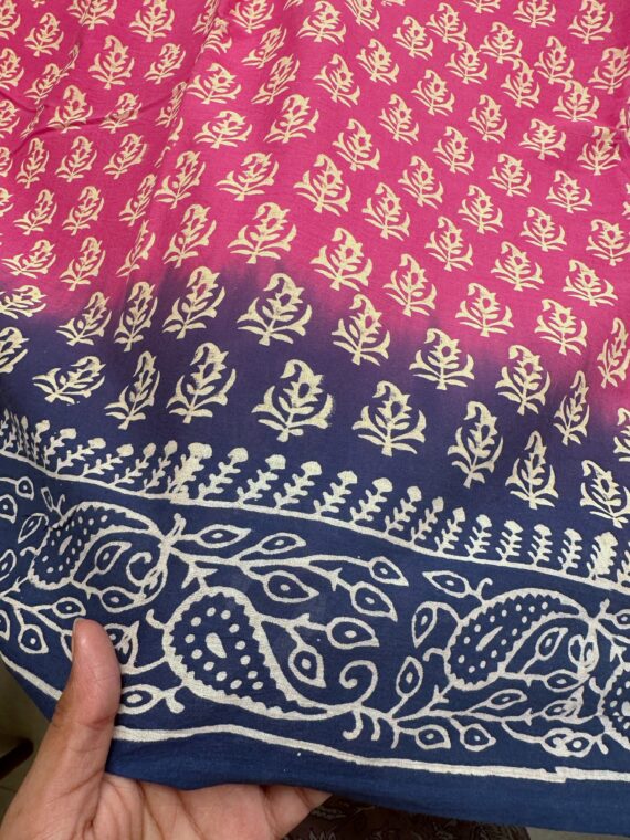 Pink and Blue Sanganeri Hand Block Print Pure Jaipuri Cotton Saree