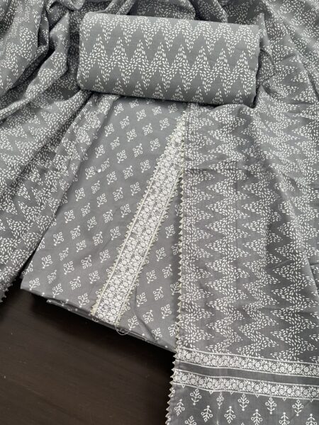 Grey Cotton 3 Piece Unstitched Suit with Cotton Dupatta