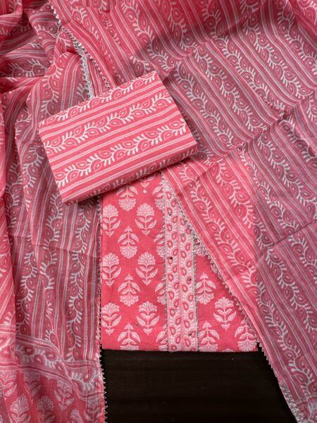 Pink Cotton 3 Piece Unstitched Suit with Cotton Dupatta