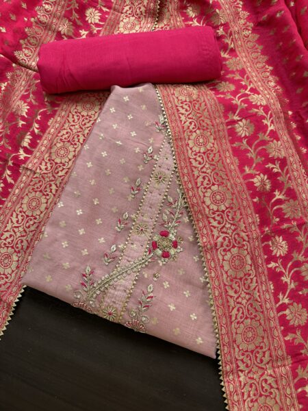 Dusky Pink and Rani Pink Chanderi Unstitched 3-Piece Suit