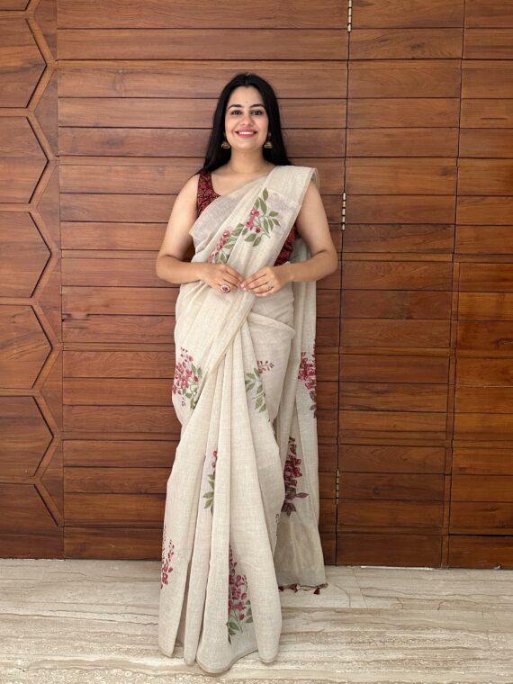 Beige and Red Floral Fancy Cotton Saree
