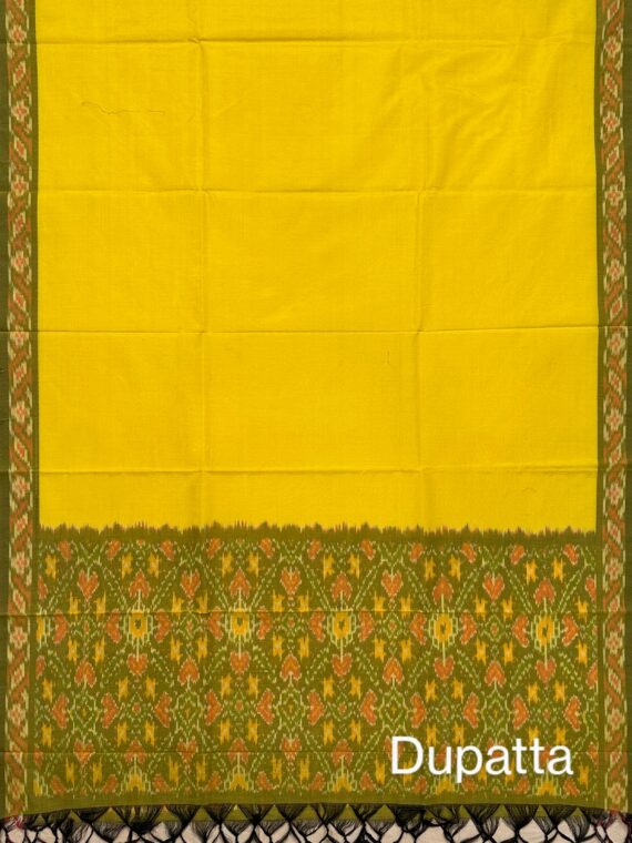 Mehendi Green and Yellow Ikkat Cotton - Silk Unstitched Suit