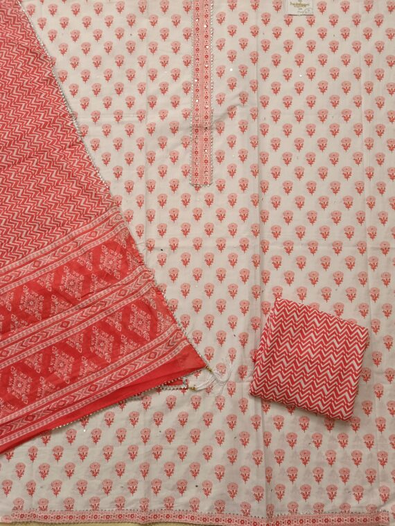 Coral Pink & white Cotton 3 Piece Unstitched Suit with Cotton Dupatta