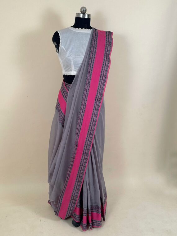 Grey and Pink Pure Tripura Cotton Saree