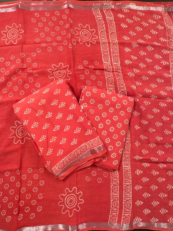 Coral Pink Jaipuri Linen 3 Piece Unstitched Suit