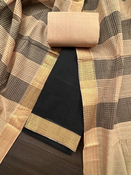 Beige and Black Pure Mangalgiri Cotton 3-Piece Unstitched Suit