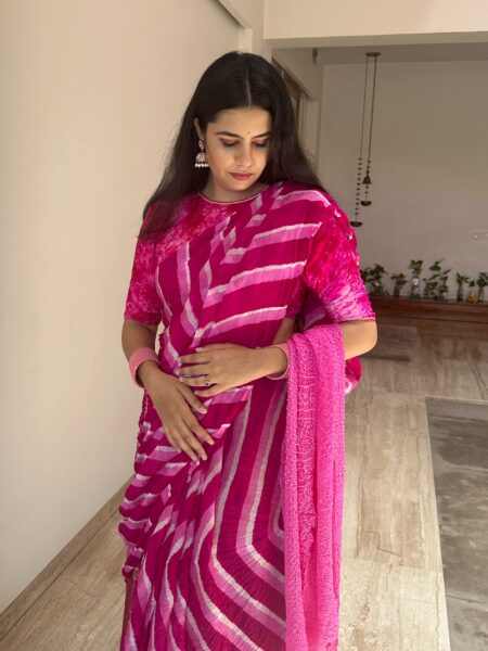 Magenta & Pink Leheriya-Bandhej Pure Chinon Saree