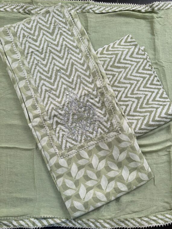 Green Printed Soft Cotton suit with Chiffon Dupatta