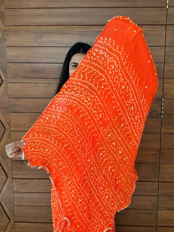 Orange Bandhej Pure Chinon Saree with Mukaish Work