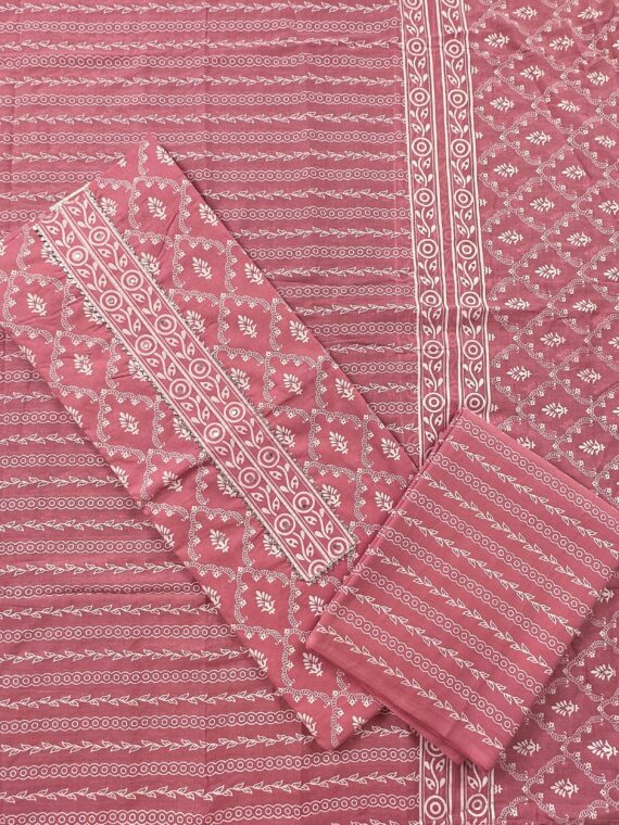 Dusky Pink Cotton 3 Piece Unstitched Suit with Cotton Dupatta