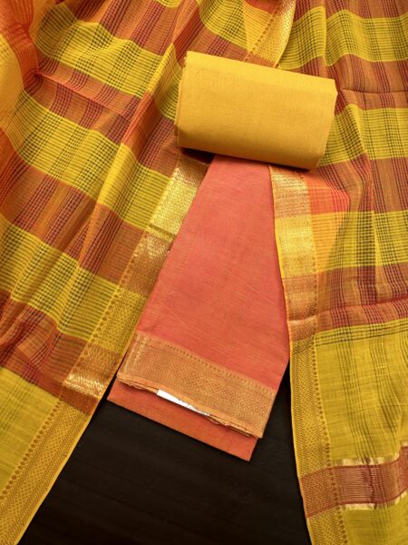 Orange and Yellow Mangalgiri Cotton 3-Piece Unstitched Suit