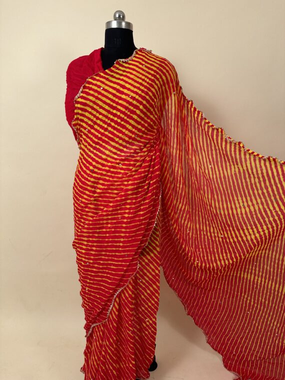 Red & Yellow Leheriya Pure Georgette Saree with Mukaish Work