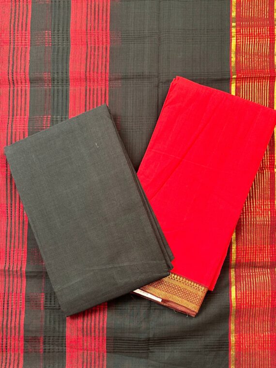 Red and Black Pure Mangalgiri Cotton 3-Piece Unstitched Suit