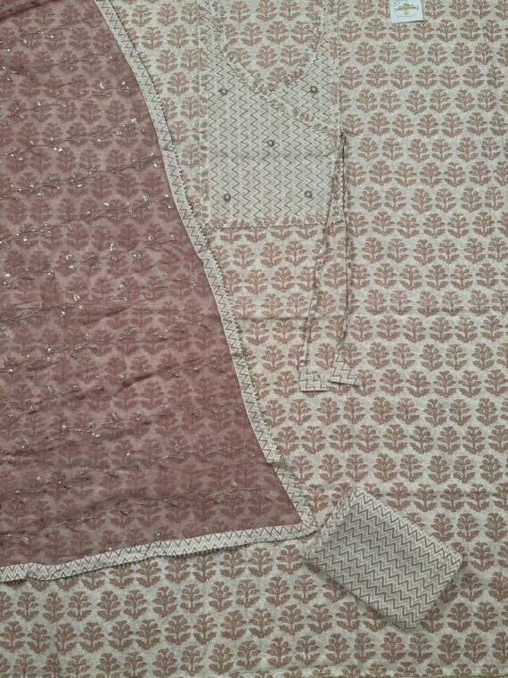 Beige Angrakha Printed Jaipuri Cotton Suit