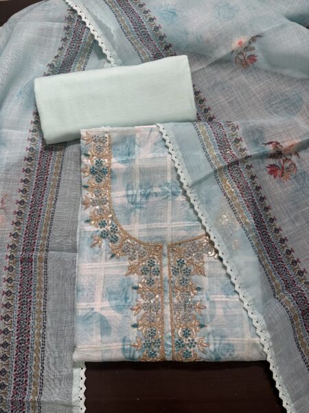 Sea Green Printed Linen 3 Piece Unstitched Suit