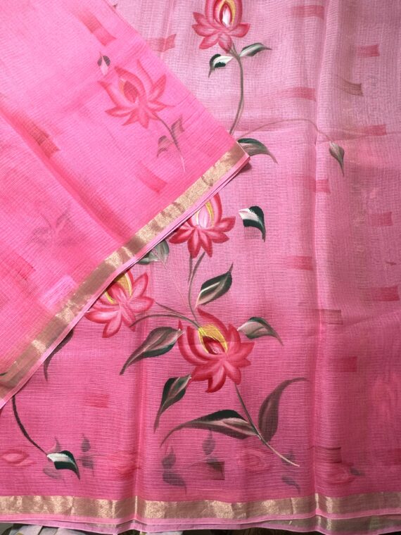 Shaded Pink Brush Painted Kota Doria Pure Silk Saree