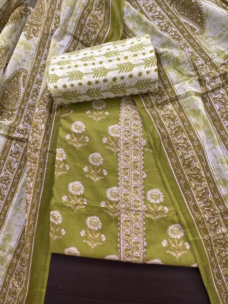 Green Cotton 3 Piece Unstitched Suit with Cotton Dupatta