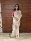 Beige and Pink Floral Fancy Cotton Saree