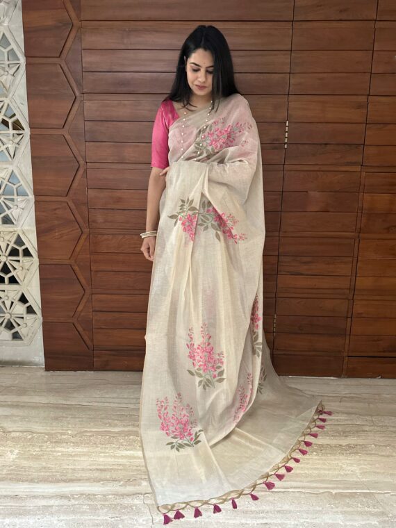 Beige and Pink Floral Fancy Cotton Saree