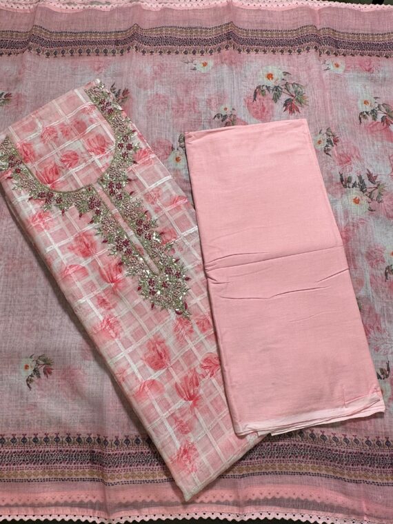 Pink Printed Linen 3 Piece Unstitched Suit