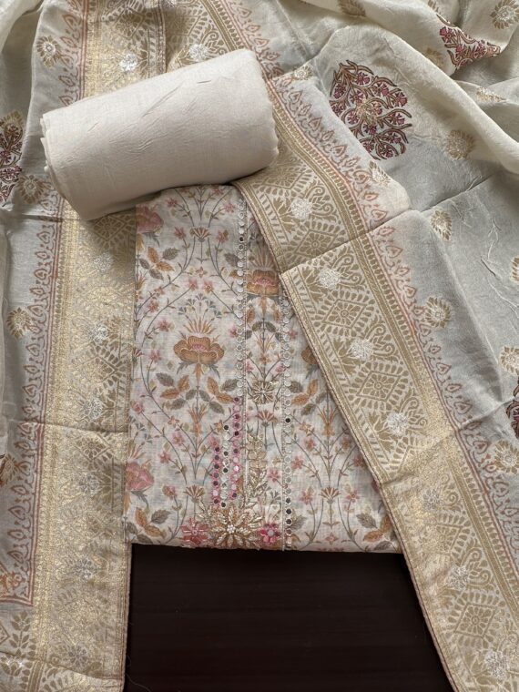 Muted Beige Chanderi Cotton Unstitched 3-Piece Suit with Banarasi Dupatta