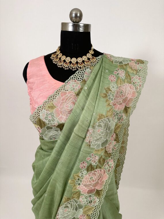 Pista Green Pure Tussar Silk Saree With embroidery work