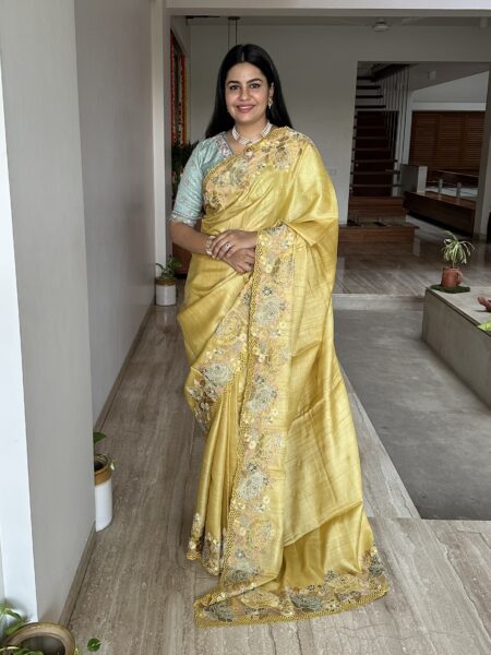Mustard Pure Tussar Silk Saree With embroidery