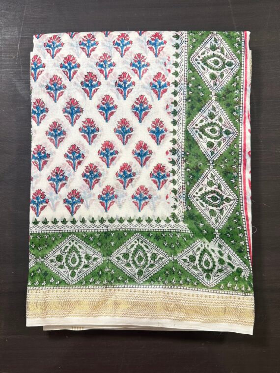 White Rajasthani Print Pure Cotton Chanderi Saree